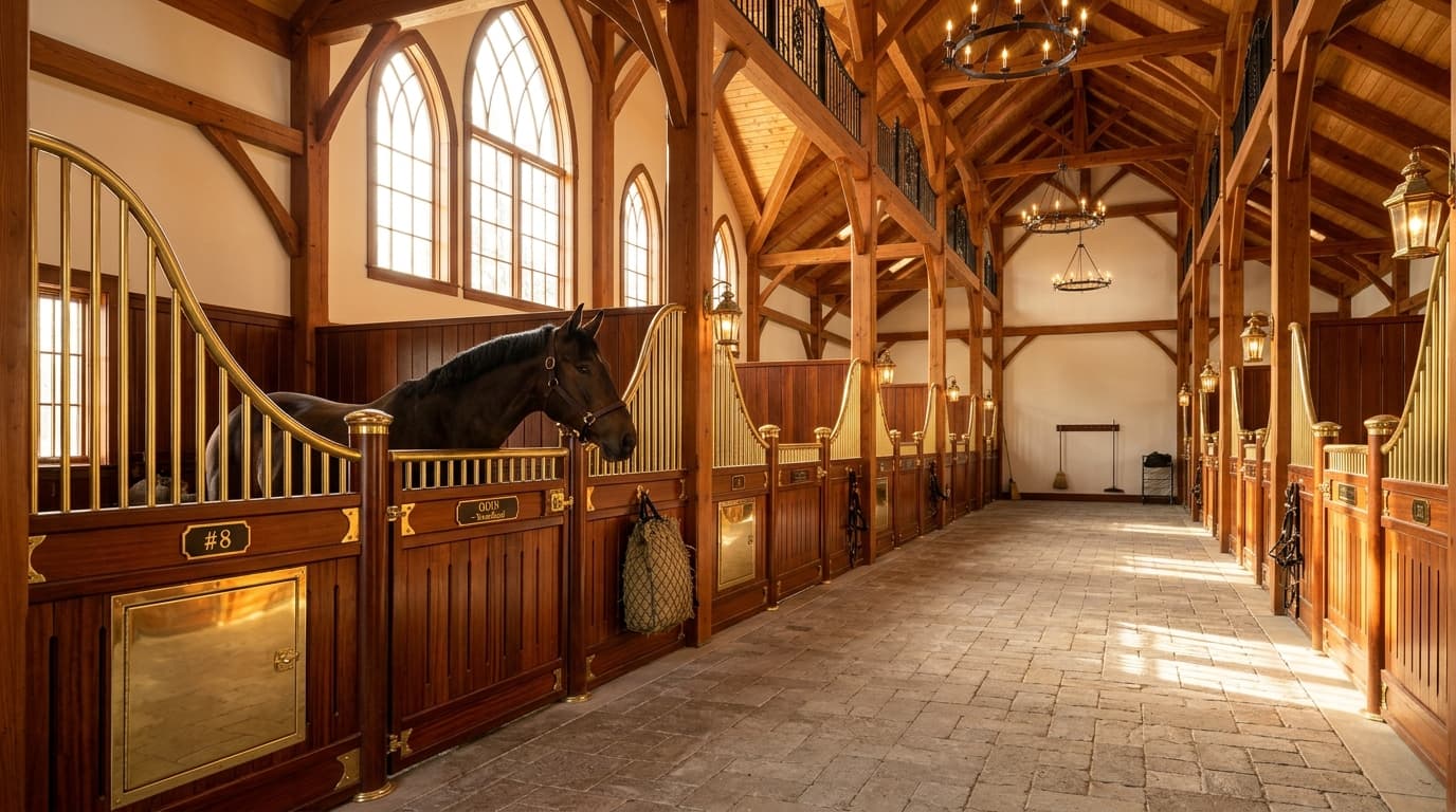 Equestrian boarding barn aisle with horses in stalls